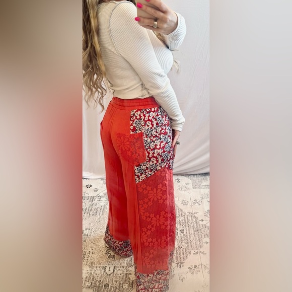 NWT POL Clothing Tomato Contrast Lace Boho Print Drawstring Wide Leg Pants - Picture 2 of 5